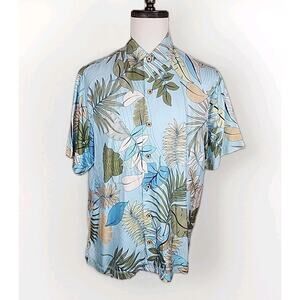Tommy Bahama S/S Shirt Mens Large Blue Silk Cotton Blend Button Up Hawaiian Camp